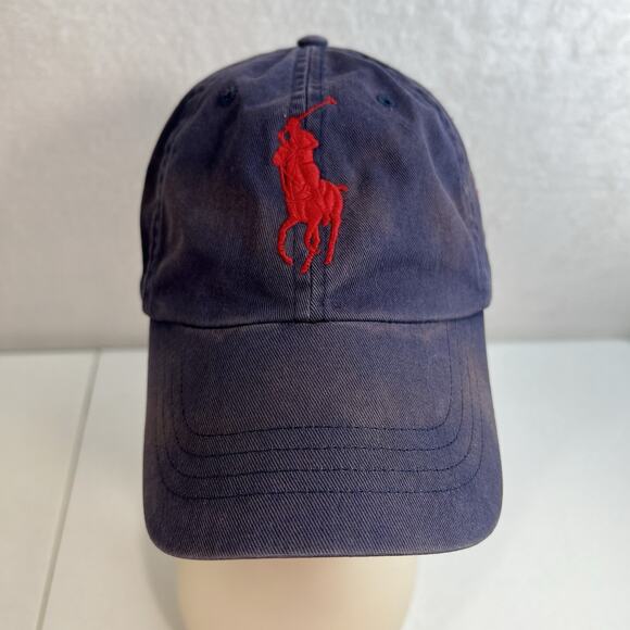 Vtg Polo Ralph Lauren Hat Big Pony Number 3 Adjustable Strapback Cap Navy Red - Picture 2 of 11
